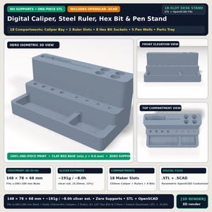 Digital Caliper, Steel Ruler, Hex Bit & Pen Desk Stand 3D Print STL: Parametric OpenSCAD Customizer (One-Piece Support-Free Organizer)