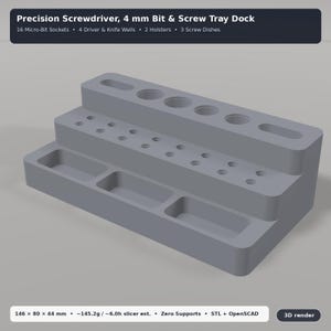 May include: A gray, tiered precision screwdriver, 4 mm bit, and screw tray dock. The unit features 16 micro-bit sockets, 4 driver and knife wells, 2 holsters, and 3 screw dishes. The dimensions are 146 x 80 x 44 mm, weighing 145.2g.