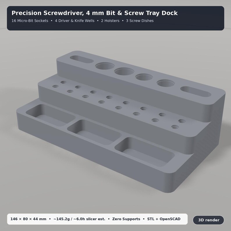 May include: A gray, tiered precision screwdriver, 4 mm bit, and screw tray dock. The unit features 16 micro-bit sockets, 4 driver and knife wells, 2 holsters, and 3 screw dishes. The dimensions are 146 x 80 x 44 mm, weighing 145.2g.