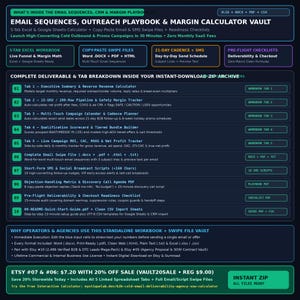 May include: A dark blue digital information graphic titled Email Sequences, Outreach Playbook & Margin Calculator Vault. It lists ten numbered tabs for Excel and Google Sheets, including revenue calculators, email swipe files, and checklists.