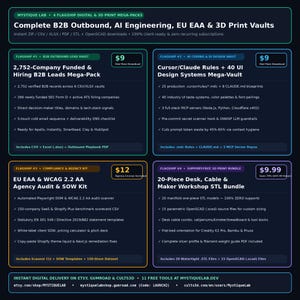 May include: A dark-themed digital product infographic titled Complete B2B Outbound, AI Engineering, EU EAA & 3D Print Vaults. It features four distinct sections detailing software bundles, lead lists, compliance kits, and 3D print STL files.