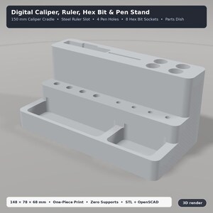 Digital Caliper, Steel Ruler, Hex Bit & Pen Desk Stand 3D Print STL: Parametric OpenSCAD Customizer (One-Piece Support-Free Organizer) image 2