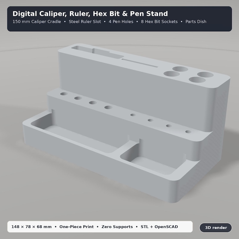 Digital Caliper, Steel Ruler, Hex Bit & Pen Desk Stand 3D Print STL: Parametric OpenSCAD Customizer (One-Piece Support-Free Organizer) image 2