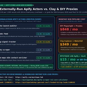 May include: A dark-themed infographic titled Top 5 Externally-Run Apify Actors vs. Clay & DIY Proxies. It lists five specific actors with pricing, compares monthly B2B pipeline costs, and provides links for ROI benchmarks and B2B lead packs.