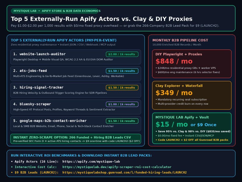 May include: A dark-themed infographic titled Top 5 Externally-Run Apify Actors vs. Clay & DIY Proxies. It lists five specific actors with pricing, compares monthly B2B pipeline costs, and provides links for ROI benchmarks and B2B lead packs.