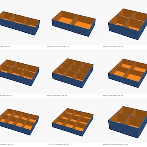 May include: A collection of fifteen rectangular storage boxes with blue exterior walls and orange interior compartments. Each box features a different grid configuration of internal dividers, ranging from two to twelve distinct sections.