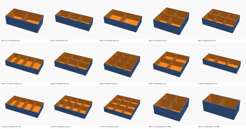 May include: A collection of fifteen rectangular storage boxes with blue exterior walls and orange interior compartments. Each box features a different grid configuration of internal dividers, ranging from two to twelve distinct sections.
