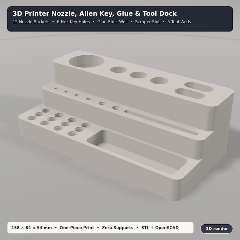 Puede incluir: Un organizador de herramientas para impresora 3D gris claro con 12 orificios para boquillas, 6 para llaves hexagonales, un hueco para pegamento, una ranura para rascador y 5 compartimentos. Texto: 3D Printer Nozzle, Allen Key, Glue & Tool Dock, 158 x 84 x 54 mm.