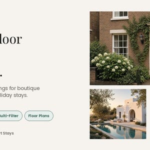May include: A digital interface for Keyhole Homes featuring the text Find the door that feels like home. It includes property listing details, buttons for 7 Pages + 5 CMS, Live Multi-Filter, Floor Plans, and images of a brick house, a pool, and a cabin.