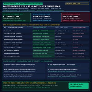 May include: A digital infographic comparing a web development vault to SaaS themes. It lists features like a 10-page property site, 40 UI systems, and 24 IDE rules. The text includes pricing details, a comparison table, and a list of contents for three downloadable ZIP files.