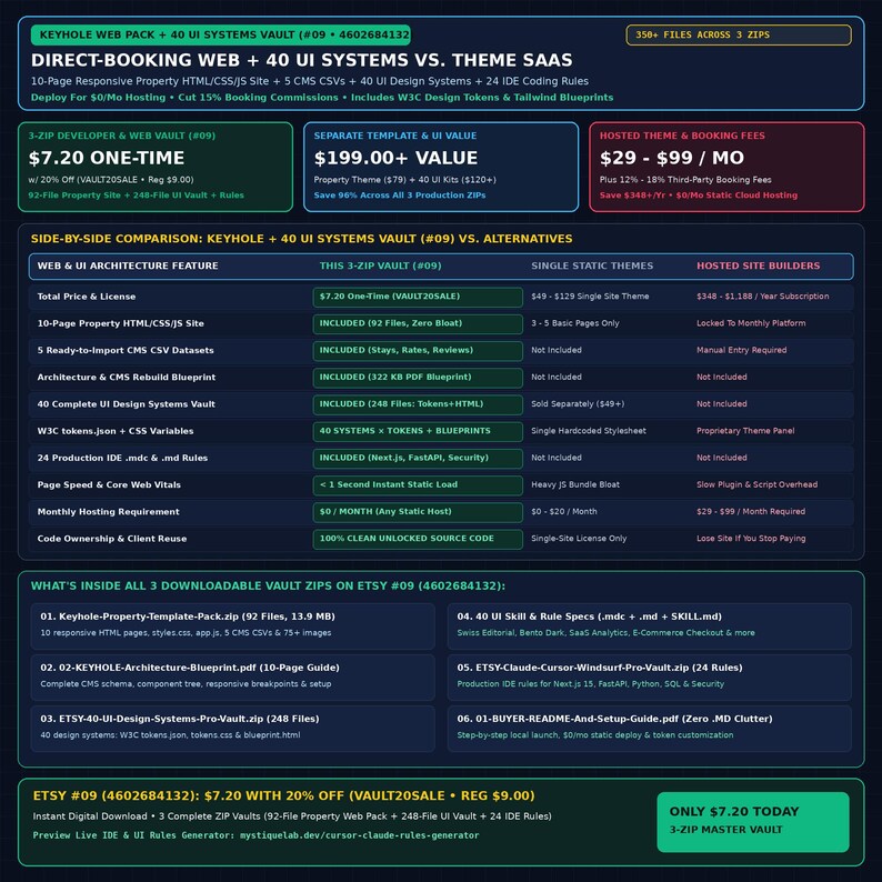 May include: A digital infographic comparing a web development vault to SaaS themes. It lists features like a 10-page property site, 40 UI systems, and 24 IDE rules. The text includes pricing details, a comparison table, and a list of contents for three downloadable ZIP files.