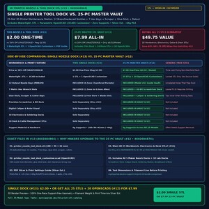 Puede incluir: Una tabla informativa azul oscuro que compara una base para boquillas y herramientas de impresora 3D con un conjunto de 25 piezas. El texto detalla caracter&iacute;sticas como 12 compartimentos para boquillas, 7 ranuras para llaves hexagonales y 168 x 96 x 42 mm.