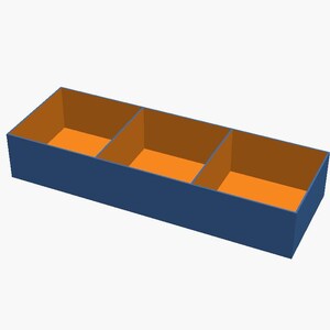 May include: A rectangular storage tray with three separate compartments. The exterior of the tray is a solid dark blue colour, while the interior walls and the base of each of the three sections are a bright orange colour.