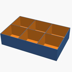 May include: A rectangular storage box featuring six individual compartments. The exterior walls of the box are a solid dark blue colour, while the interior walls and the base of each of the six sections are a contrasting bright orange colour.
