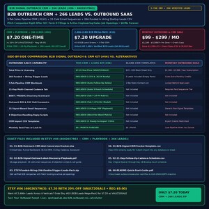 May include: A digital infographic displaying a B2B outreach CRM and lead kit comparison chart. The dark background features white and colored text boxes detailing sales capabilities, pricing, and file contents including CSV and XLSX files.