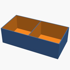 May include: A rectangular storage box with a blue exterior and an orange interior. The box is divided into two equal compartments by a central blue partition, creating two distinct open sections for organising items within the container.