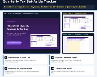 Puede incluir: Una plantilla digital de seguimiento de facturas, gastos e impuestos trimestrales para trabajadores independientes, compatible con Google Sheets y Excel. Incluye un panel de control, plantillas y guías para gestionar facturas y deducciones.