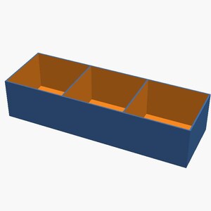 May include: A rectangular storage box with a dark blue exterior and a bright orange interior. The box is divided into three equal open compartments by two internal partitions, creating a structured organiser for various items.