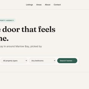 May include: A website interface for Keyhole Homes featuring a light cream background with dark green text. The header displays the brand name, navigation links, and a Book a viewing button. The main text reads Find the door that feels like home.