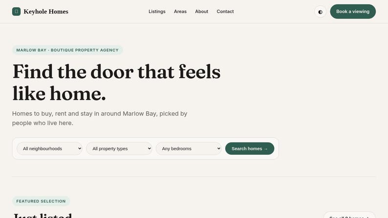 May include: A website interface for Keyhole Homes featuring a light cream background with dark green text. The header displays the brand name, navigation links, and a Book a viewing button. The main text reads Find the door that feels like home.