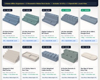 3D Print Desk Organizer & Electronics Workbench STL Bundle: 25 No-Support 3D Printer Files and 20 Parametric OpenSCAD Customizers