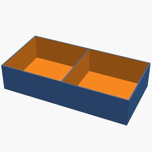 May include: A rectangular storage box with a dark blue exterior and a bright orange interior. The box is divided into two equal compartments by a central partition, creating two separate open sections for organising items.