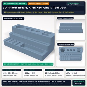3D Printer Nozzle, Scraper, Allen Key, Glue Stick & Deburring Tool Dock STL: Parametric OpenSCAD Customizer (25 Slots, No Supports)