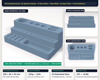 3D Printer Nozzle, Scraper, Allen Key, Glue Stick & Deburring Tool Dock STL: Parametric OpenSCAD Customizer (25 Slots, No Supports)
