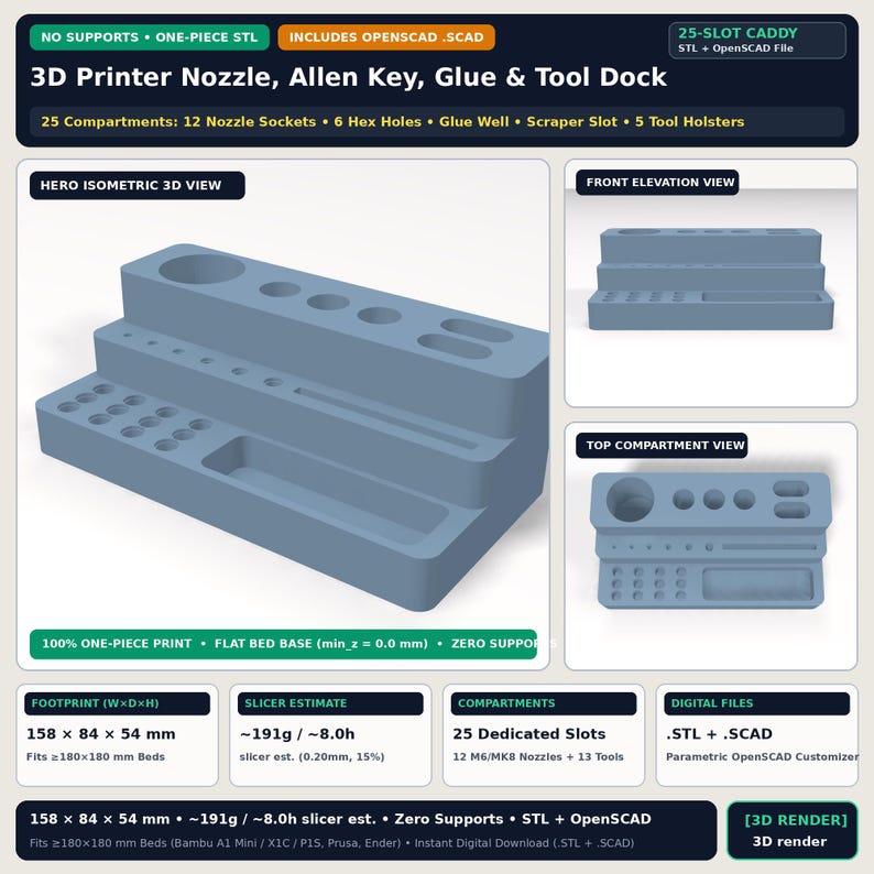 Puede incluir: Un organizador de herramientas azul claro para impresoras 3D con 25 compartimentos, incluyendo 12 ranuras para boquillas, 6 orificios hexagonales, un hueco para pegamento, una ranura para rascador y 5 soportes. Mide 158 x 84 x 54 mm.
