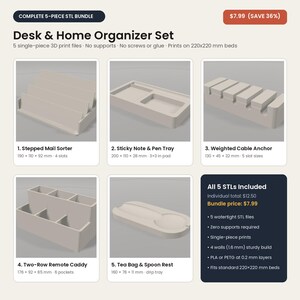Complete 5-Piece Desk & Home Organizer 3D Print STL Bundle: Mail Sorter, Note Tray, Cable Anchor, Remote Caddy and Spoon Rest (No Supports) image 3