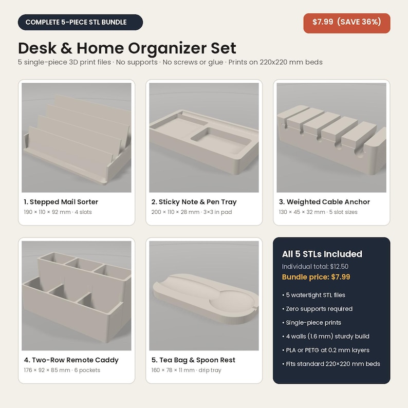 Complete 5-Piece Desk & Home Organizer 3D Print STL Bundle: Mail Sorter, Note Tray, Cable Anchor, Remote Caddy and Spoon Rest (No Supports) image 3