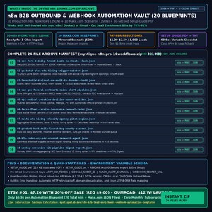 May include: A digital product information sheet titled n8n B2B Outbound & Webhook Automation Vault, listing 20 blueprints, 10 n8n workflows, 10 Make.com scenarios, and a setup guide. The dark blue graphic displays a 24-file archive manifest.