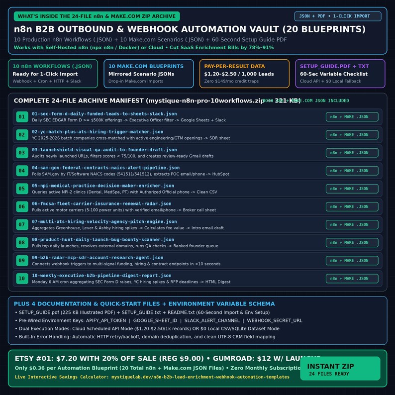May include: A digital product information sheet titled n8n B2B Outbound & Webhook Automation Vault, listing 20 blueprints, 10 n8n workflows, 10 Make.com scenarios, and a setup guide. The dark blue graphic displays a 24-file archive manifest.