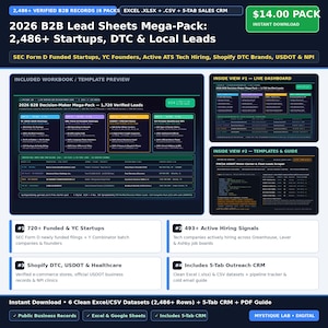 B2B Sales Leads Spreadsheet & Cold Email CRM Tracker: 2,752 Verified Funded Startups, Shopify DTC Brands and Agencies (Excel + CSV) image 1