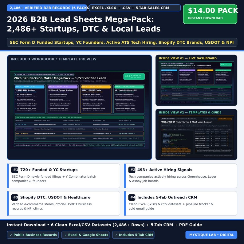 B2B Sales Leads Spreadsheet & Cold Email CRM Tracker: 2,752 Verified Funded Startups, Shopify DTC Brands and Agencies (Excel + CSV) image 1