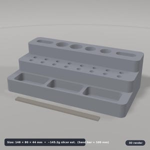 Precision Screwdriver, 4mm Micro-Bit, Hobby Knife & Screw Tray Workbench Dock 3D Print STL: Parametric OpenSCAD (25 Slots, No Supports)