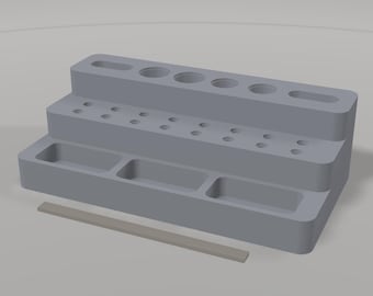 Precision Screwdriver, 4mm Micro-Bit, Hobby Knife & Screw Tray Workbench Dock 3D Print STL: Parametric OpenSCAD (25 Slots, No Supports)