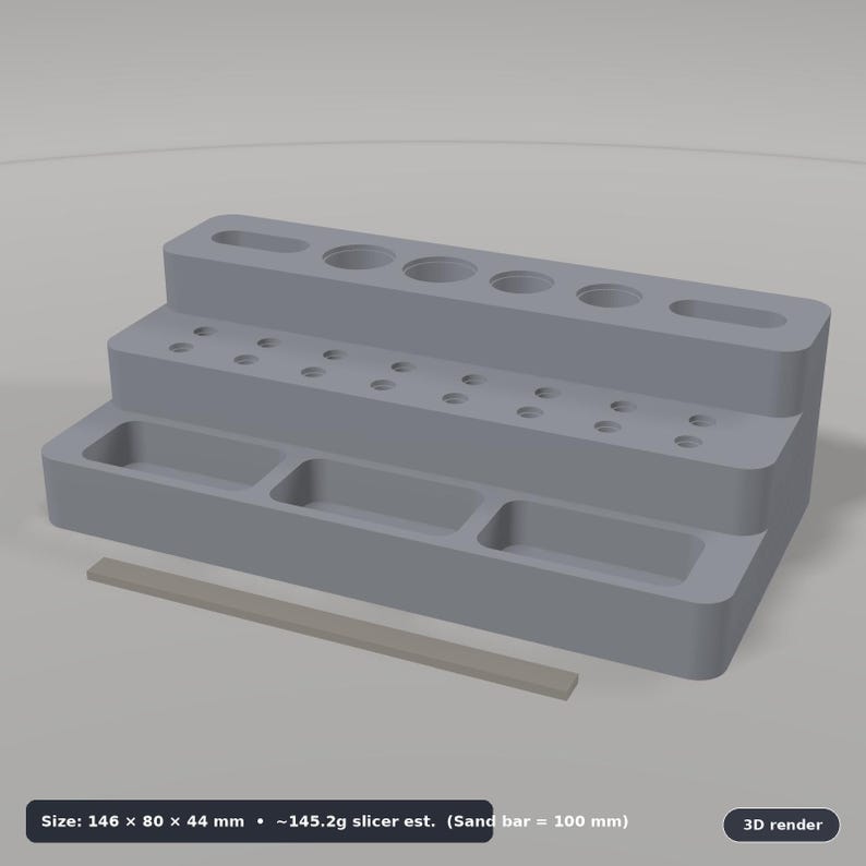 May include: A light gray tiered organizer with multiple circular and rectangular cutouts for storage. The base measures 146 x 80 x 44 mm. Text on the image reads: Size: 146 x 80 x 44 mm &bull; ~145.2g slicer est. (Sand bar = 100 mm) 3D render.