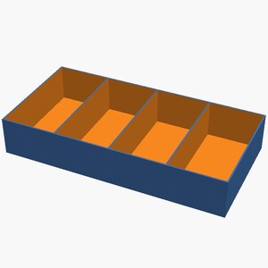 May include: A rectangular storage box with a dark blue exterior and a bright orange interior. The box is divided into four equal compartments by three internal partitions, creating four distinct sections for organising small items.