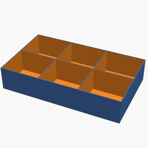 May include: A rectangular storage box with a dark blue exterior and a bright orange interior. The box is divided into six equal compartments by internal walls, creating a grid-like structure for organising small items within the container.