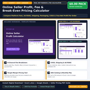Etsy Seller Profit & Pricing Calculator Spreadsheet: 2026 Etsy, Shopify, eBay, Amazon Fee, COGS and Margin Tracker (Google Sheets + Excel) image 1