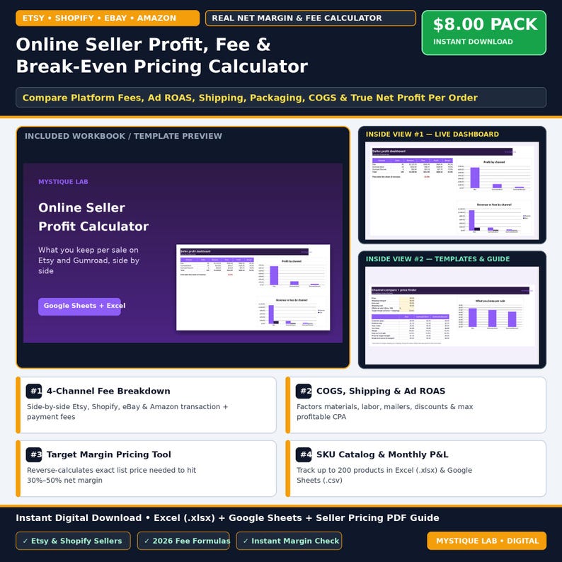 Etsy Seller Profit & Pricing Calculator Spreadsheet: 2026 Etsy, Shopify, eBay, Amazon Fee, COGS and Margin Tracker (Google Sheets + Excel) image 1