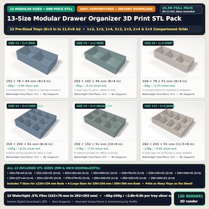 Drawer Organizer STL Pack, 13 Sizes, 3D Print Files, One-Piece Trays, No Baseplate, Sized for US Drawers, Kitchen Desk, Digital Download image 1