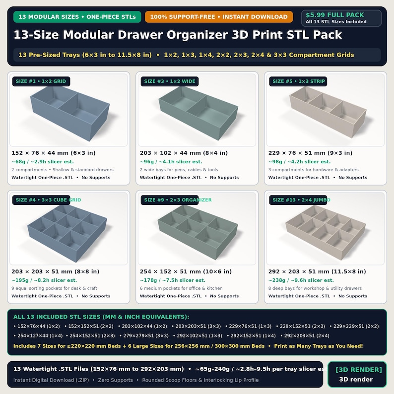 Drawer Organizer STL Pack, 13 Sizes, 3D Print Files, One-Piece Trays, No Baseplate, Sized for US Drawers, Kitchen Desk, Digital Download image 1