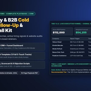 May include: A digital product kit titled SaaS, Agency & B2B Cold Outreach, Follow-Up & Discovery Call Kit. It includes a 5-tab CRM dashboard, 15 copy-paste templates, and a discovery call script, with a live executive funnel table.