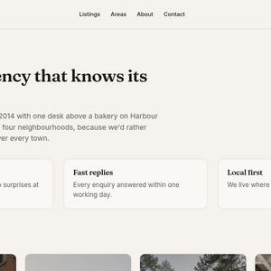 May include: A website interface for Keyhole Homes featuring a navigation bar with Listings, Areas, About, and Contact links. The page displays the heading A small agency that knows its streets, followed by company history and three service pillars.