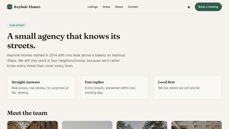 May include: A website interface for Keyhole Homes featuring a navigation bar with Listings, Areas, About, and Contact links. The page displays the heading A small agency that knows its streets, followed by company history and three service pillars.