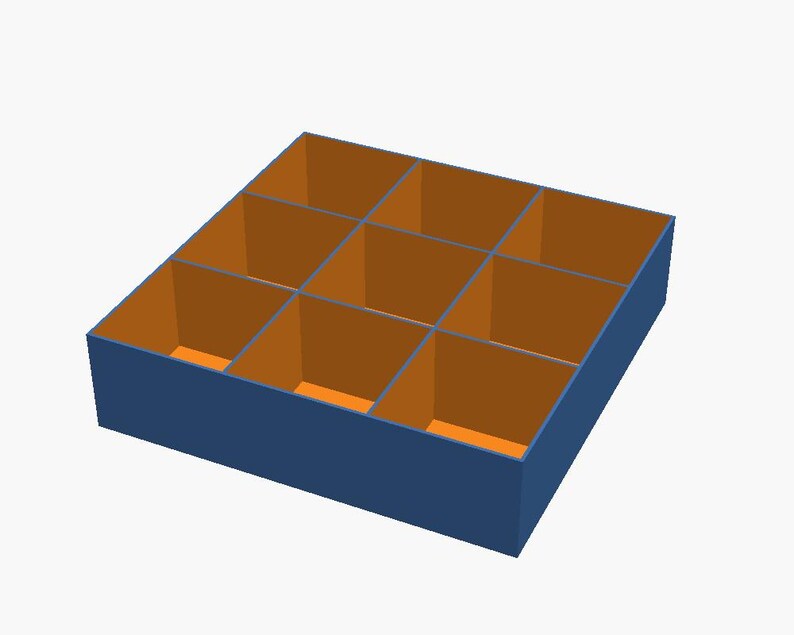 May include: A square storage organiser box featuring a blue exterior and an orange interior. The container is divided into nine equal square compartments by internal walls, creating a grid-like structure for sorting and storing various small items.