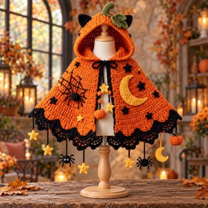 Crochet Halloween Cape | Orange Pumpkin Hood with Cat Ears | Moon and Star Capelet | Spiderweb Details | Witch Costume Accessory