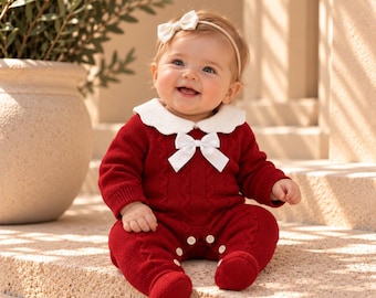 Red Knitted Baby Romper with White Collar, Baby Girl Christmas Outfit, Cable Knit Sleepsuit, Newborn Coming Home Outfit, Baby Shower Gift